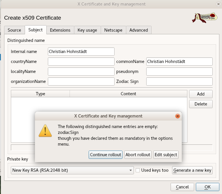 XCA 创建证书界面
